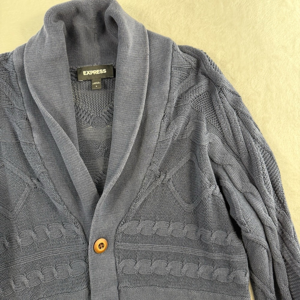 Express Sz S Cardigan Sweater Shawl Collar Fisherman Navy Knit Button Front Mens - Picture 4 of 11